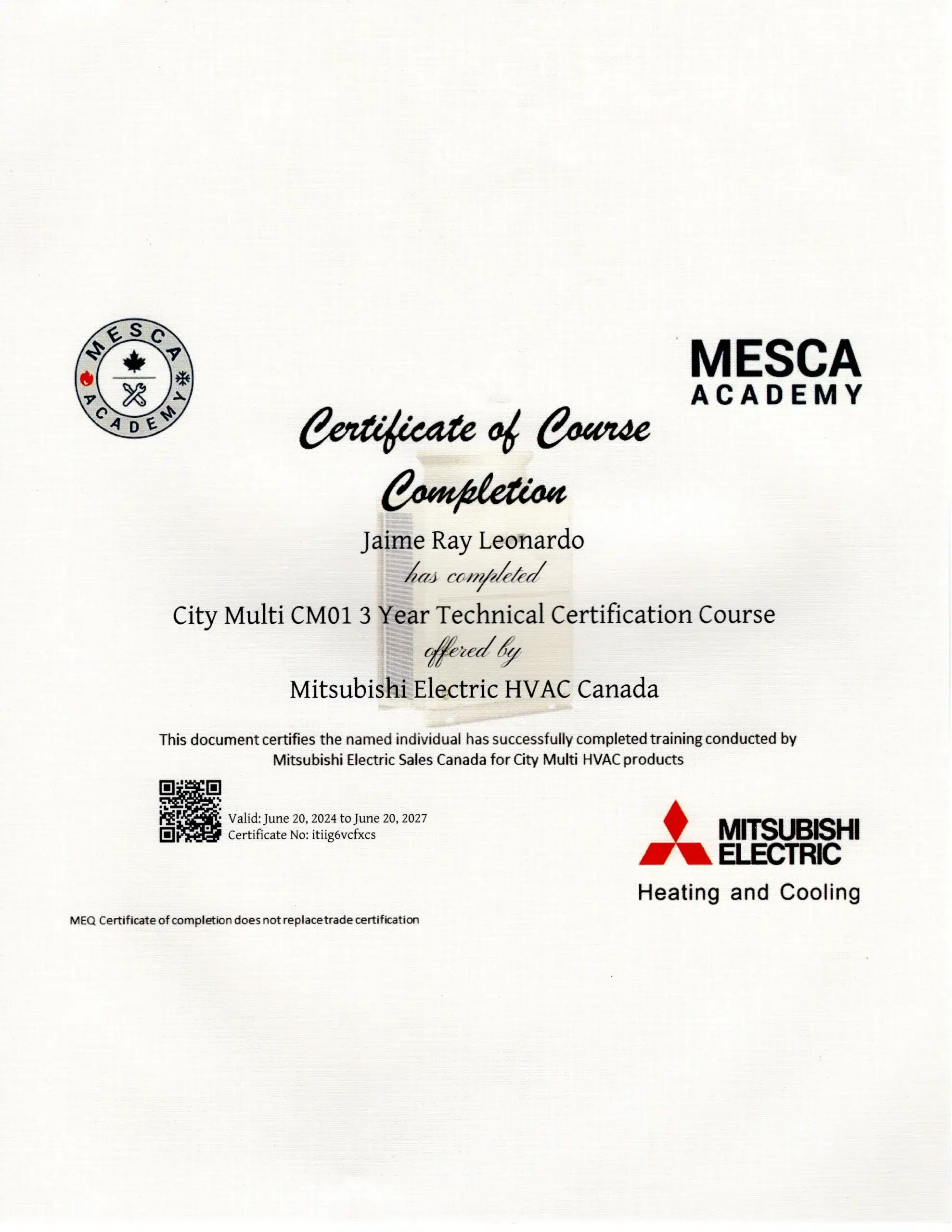 prowavesolutions.ca Mesca Academy Certificate Mitsubishi Electric for Jaime Leonardo