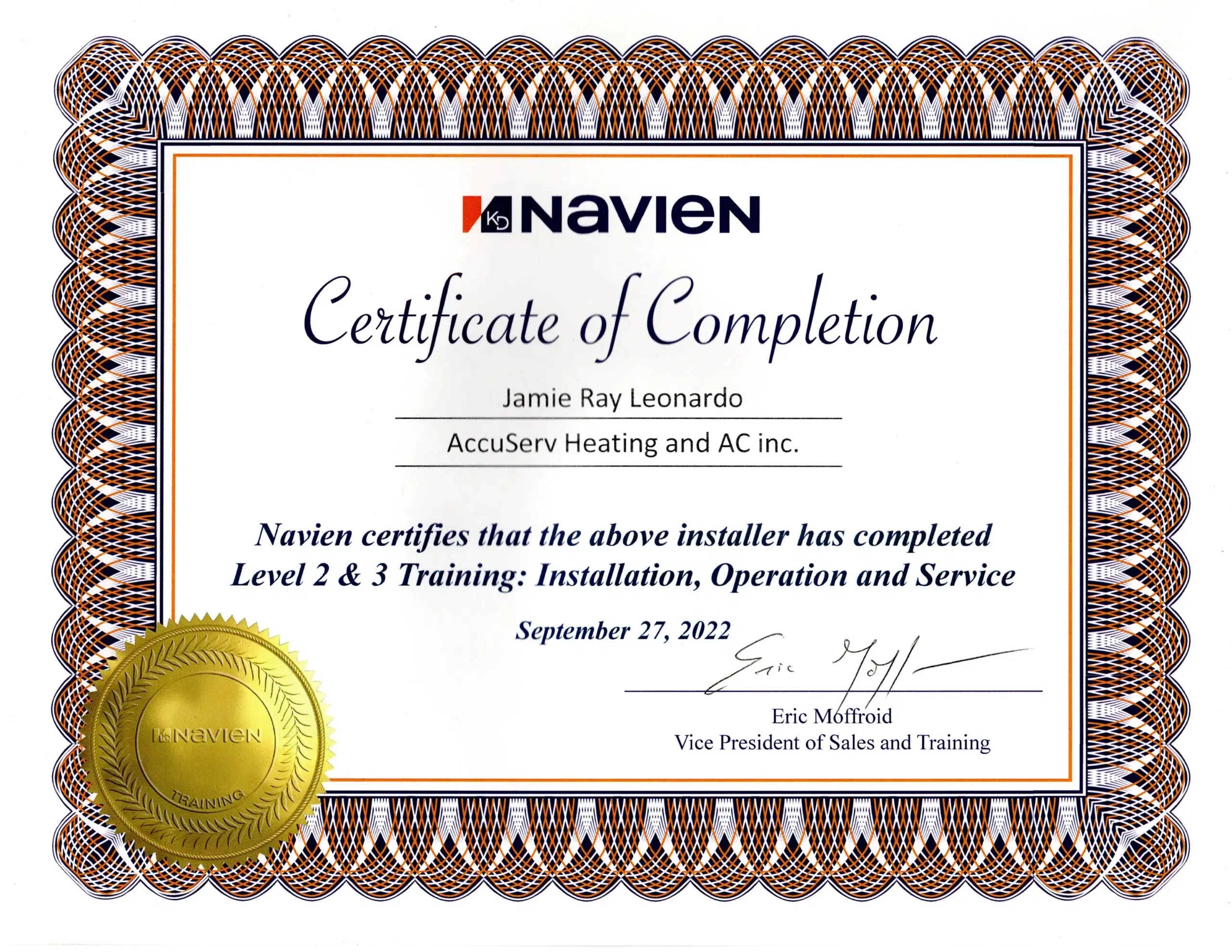 Navien Certificate of Completion for PRO Wave Solutions